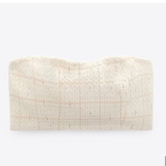 ZARA Cream /White Cropped top with straight neckline. Textured Strapless Top - Picture 8 of 9